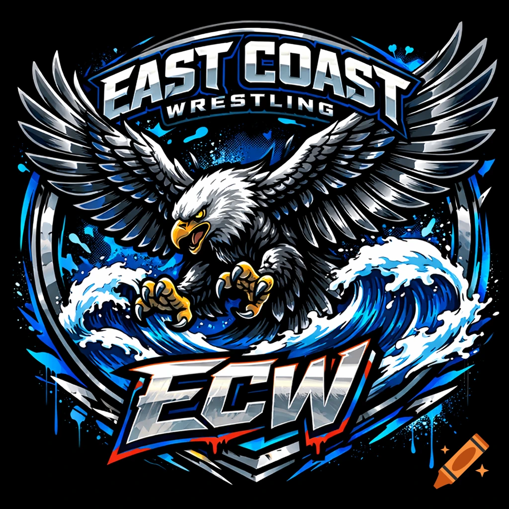 Dynamic East Coast Wrestling (ECW) logo with a fierce eagle, ocean waves, in metallic silver and blue street-style.