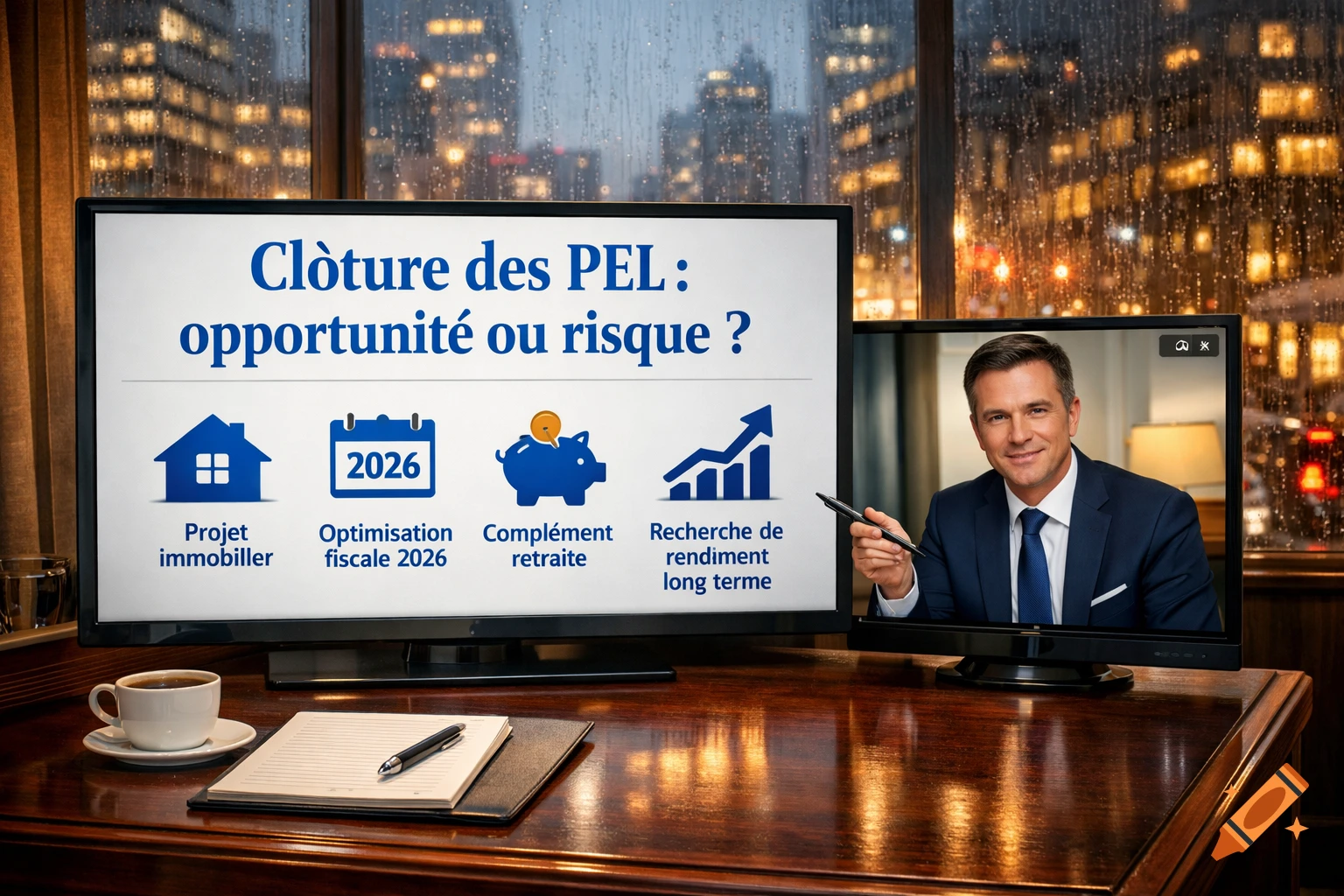 Desk with two monitors displaying a financial presentation about PELs and a businessman, in front of a rainy city window at night.