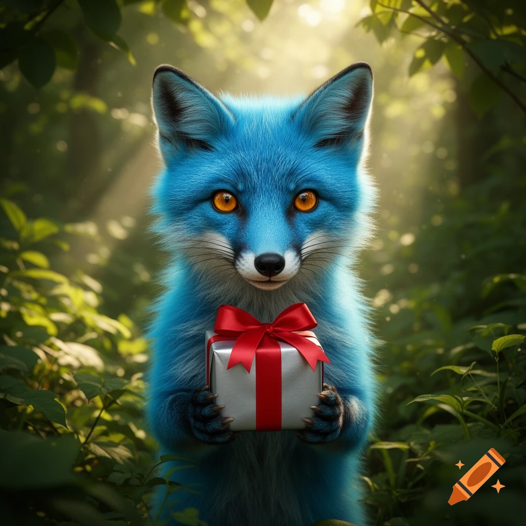 A fluffy blue fox with glowing orange eyes holds a silver present with a red bow in a sunny forest.