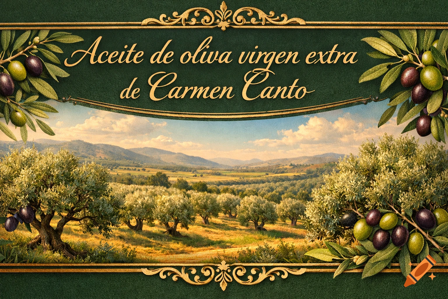 Vintage-style olive oil label with an olive grove landscape and olive branches on a dark green background.