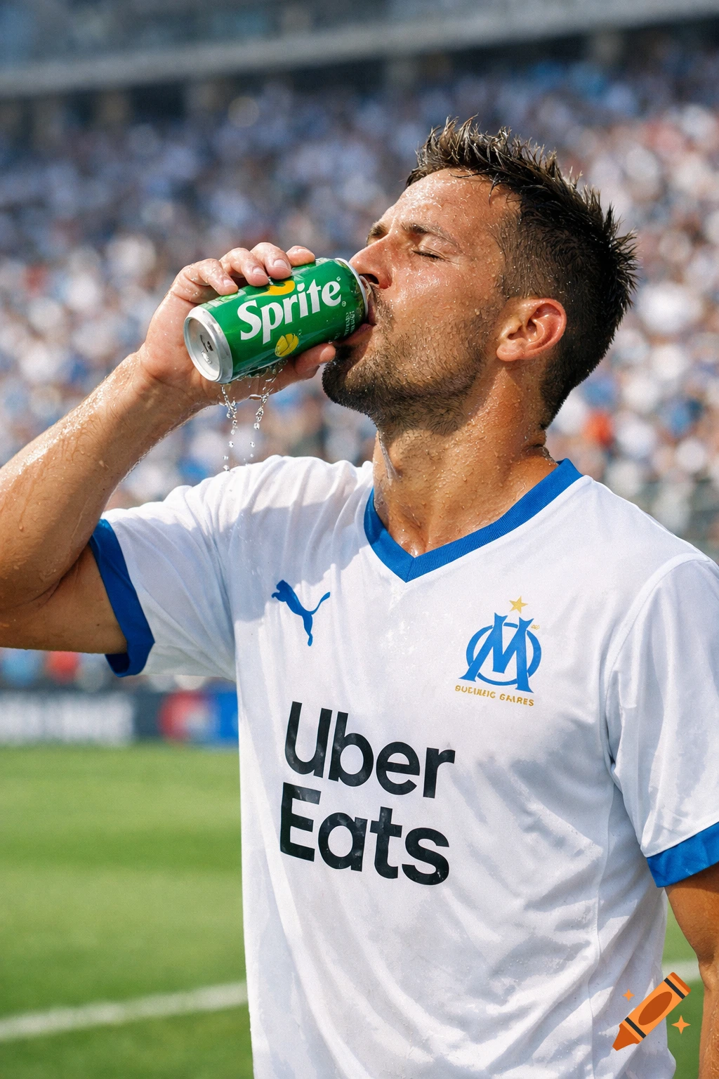 A sweaty male soccer player in a white uniform drinks from a green Sprite can on a sunny day in a stadium.