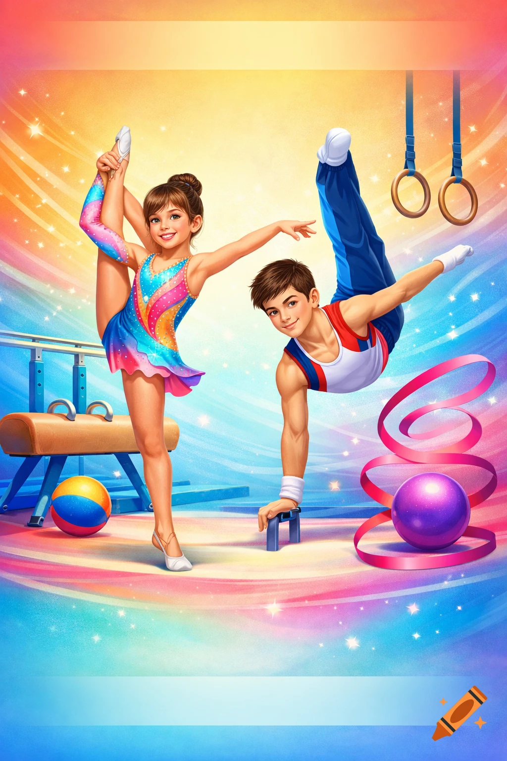 A colorful, energetic illustration of a girl gymnast doing a split and a boy gymnast doing a handstand in a sparkling gym with equipment.