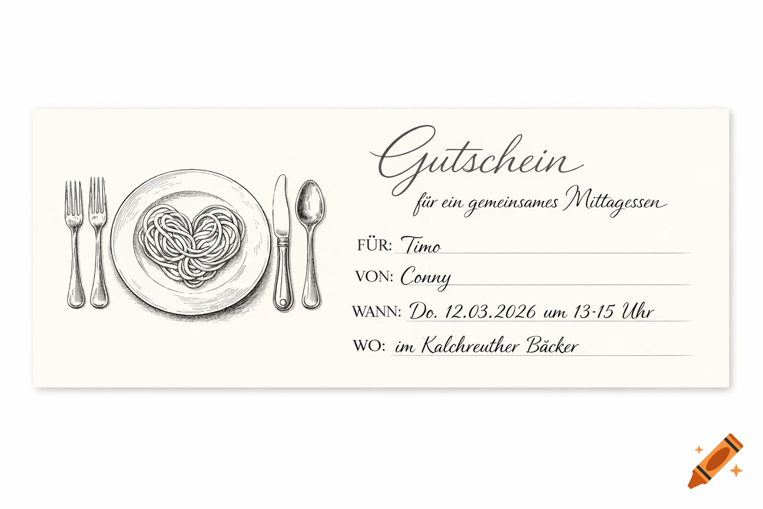A cream-white voucher with a detailed drawing of heart-shaped spaghetti on a plate, flanked by cutlery. German text indicates a voucher for a shared lunch from Conny to Timo, dated March 12, 2026, at 1:15 PM, at Kalchreuther Bäcker.