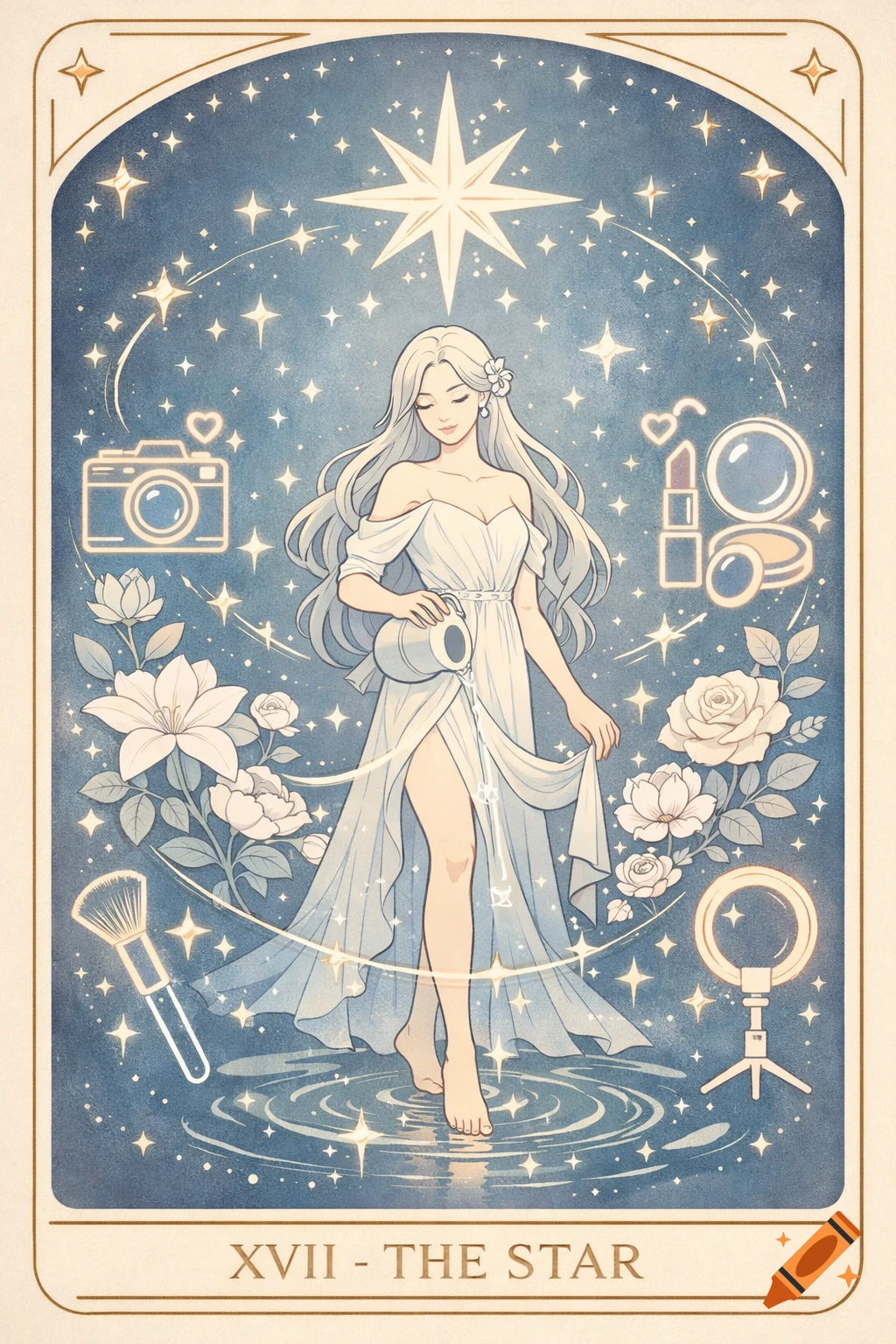 Tarot card of a serene woman in a flowing dress pouring water, under a starry sky with flowers, a camera, and beauty symbols. Text: XVII - THE STAR.