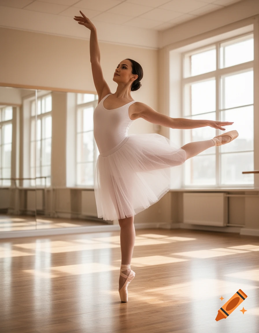 A female ballerina in a white leotard and tutu performs en pointe in a sunlit dance studio, photorealistic.