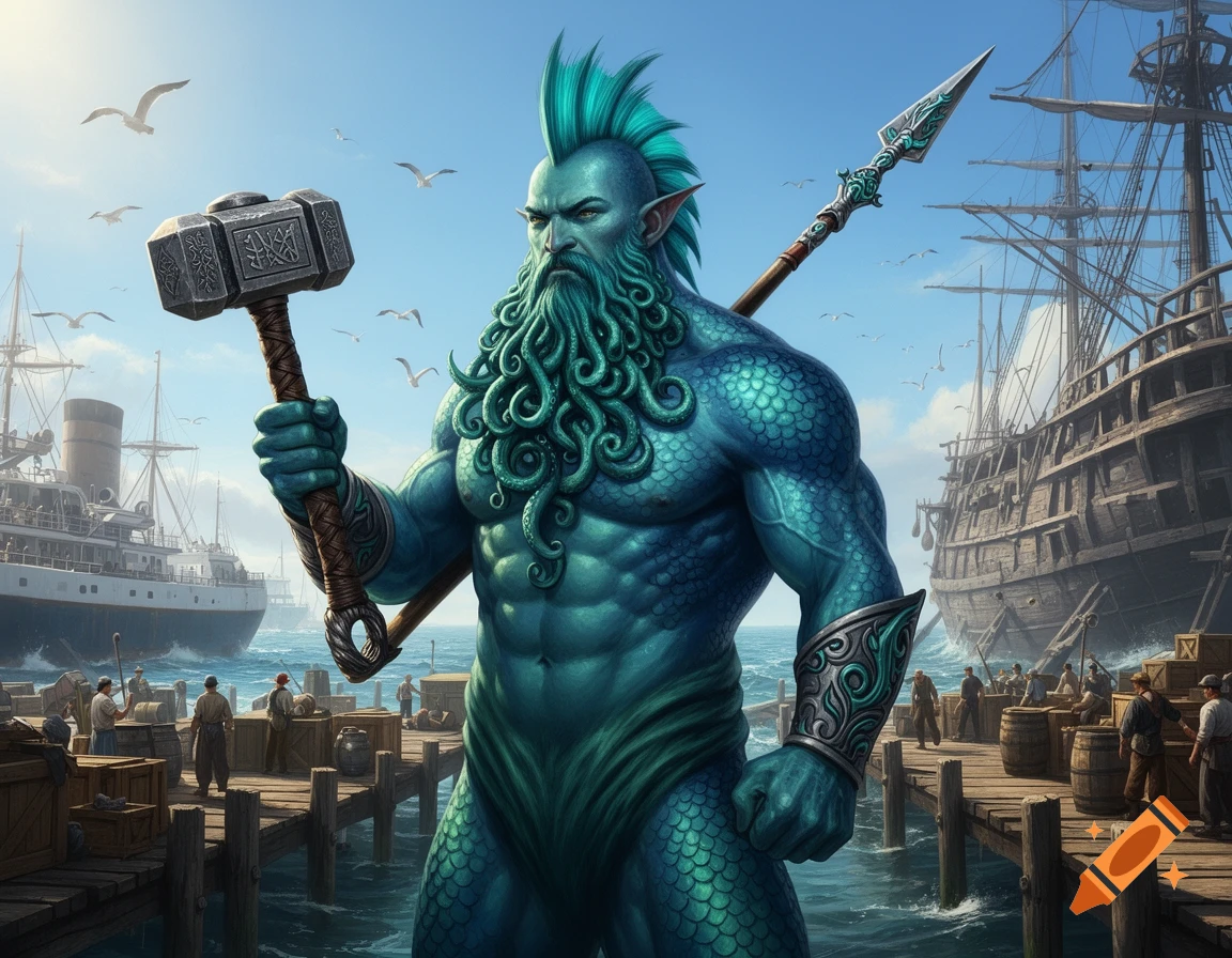 A muscular blue triton with a teal mohawk and tentacle beard wields a warhammer and spear on a bustling shipyard dock, with ships in the background.