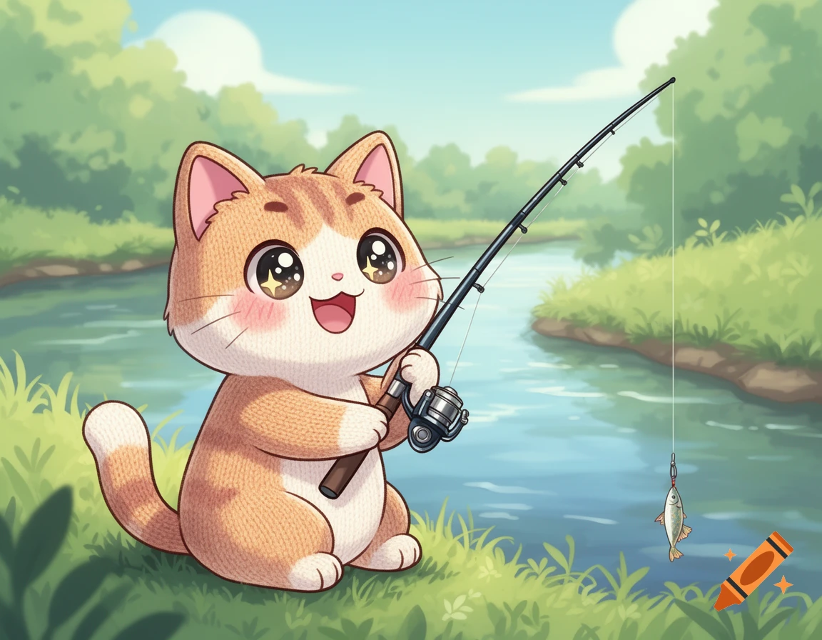 A happy, cute orange and white striped cartoon cat with big sparkly eyes fishes by a peaceful river in a vibrant anime style.