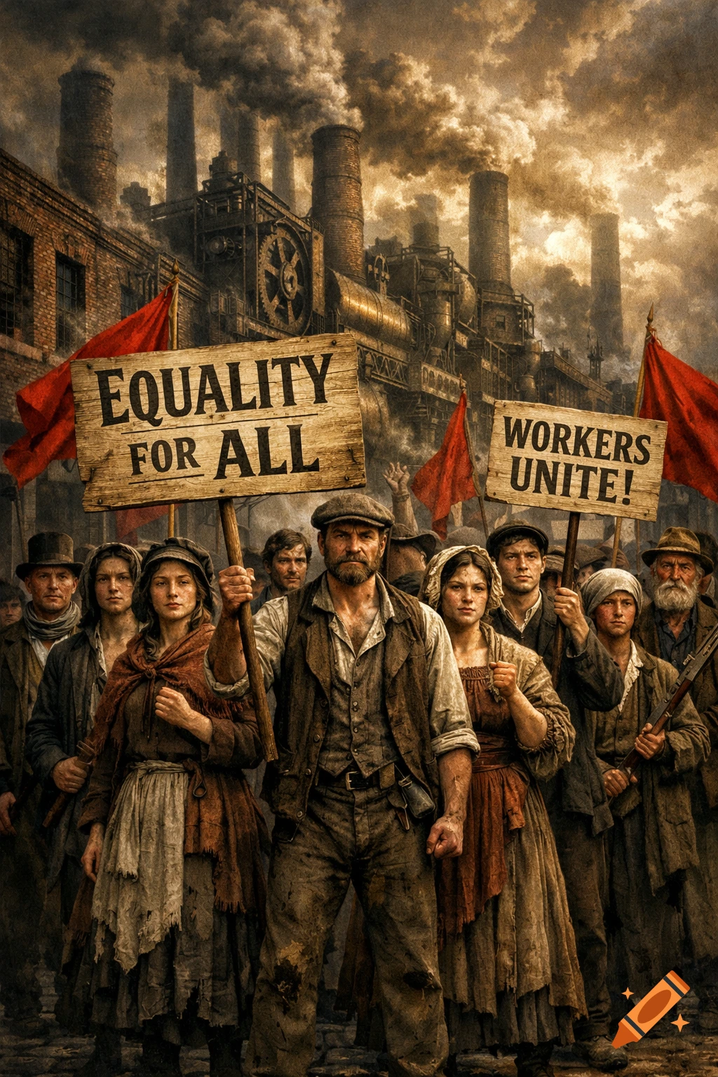 Group of dirty, determined workers march with red flags and signs saying 'EQUALITY FOR ALL' and 'WORKERS UNITE!' in front of smoky industrial factories.