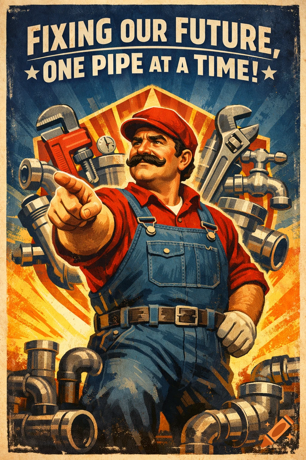 Vintage propaganda poster of a plumber like Mario, pointing, surrounded by pipes and tools, with text 'FIXING OUR FUTURE, ONE PIPE AT A TIME!'.