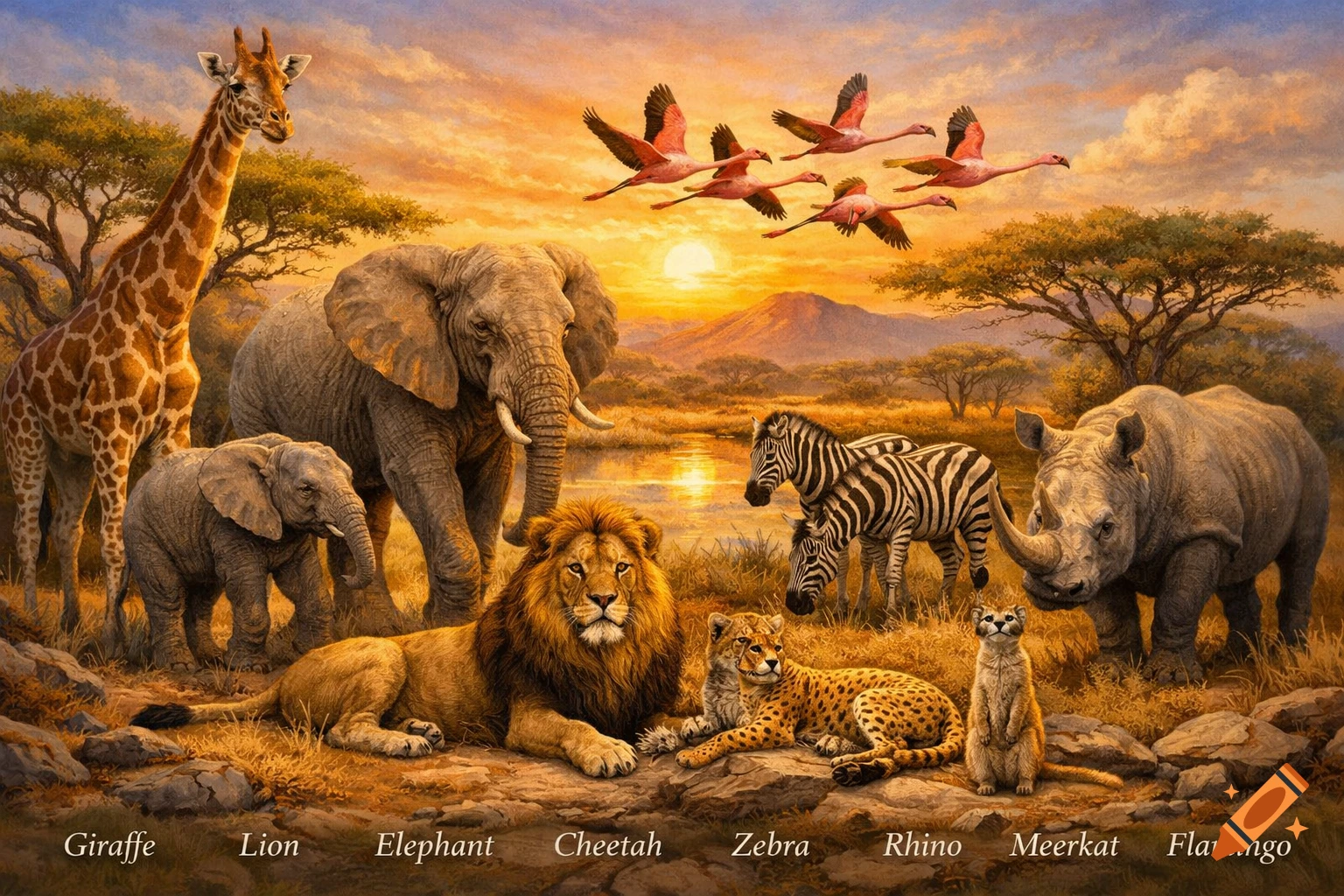 A Vibrant Oil Painting Of Various African Animals At Sunset Including a-vibrant-oil-painting-of-various-african-animals-at-sunset-including