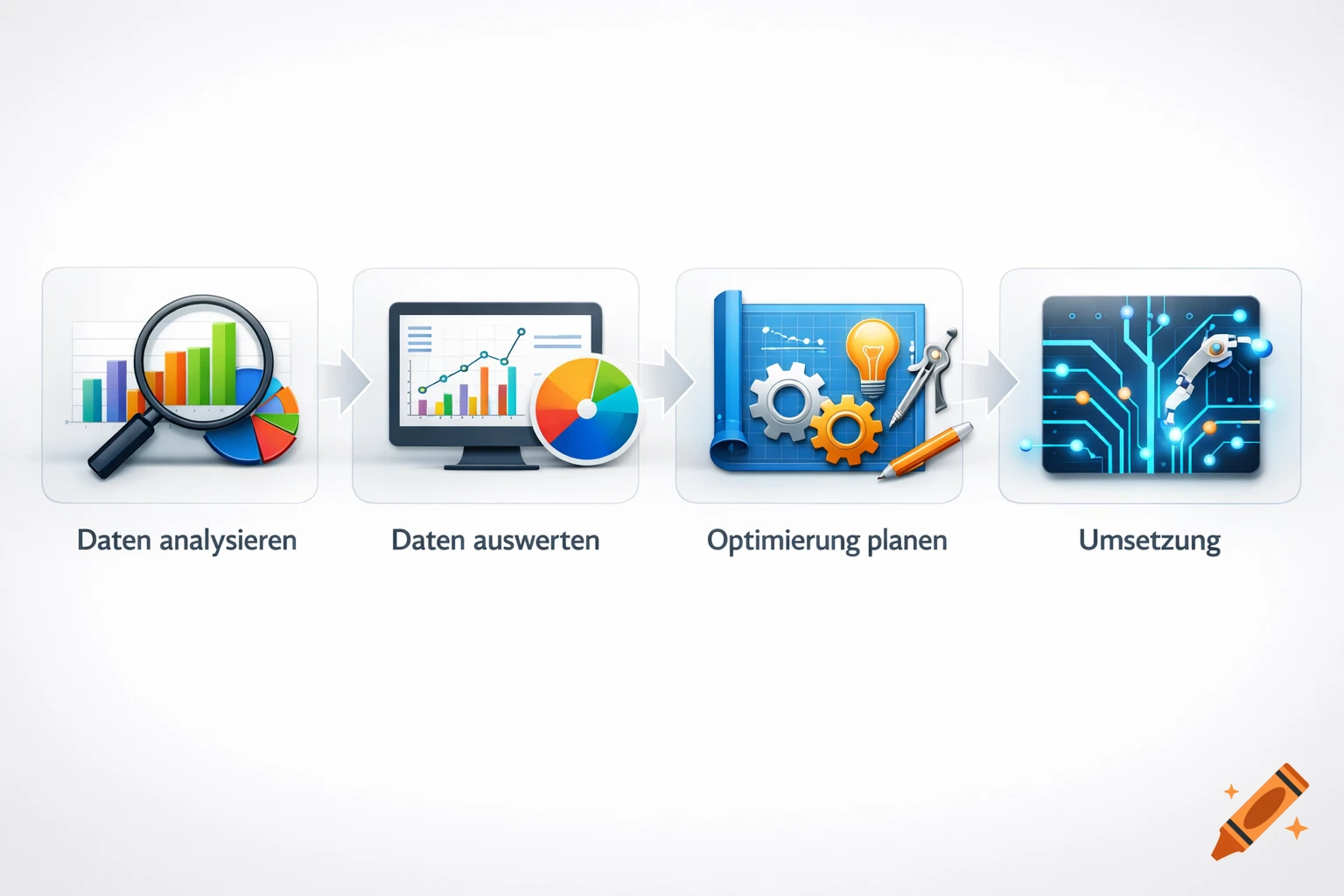 Four-step process illustration showing data analysis, data evaluation, optimization planning, and implementation with icons.