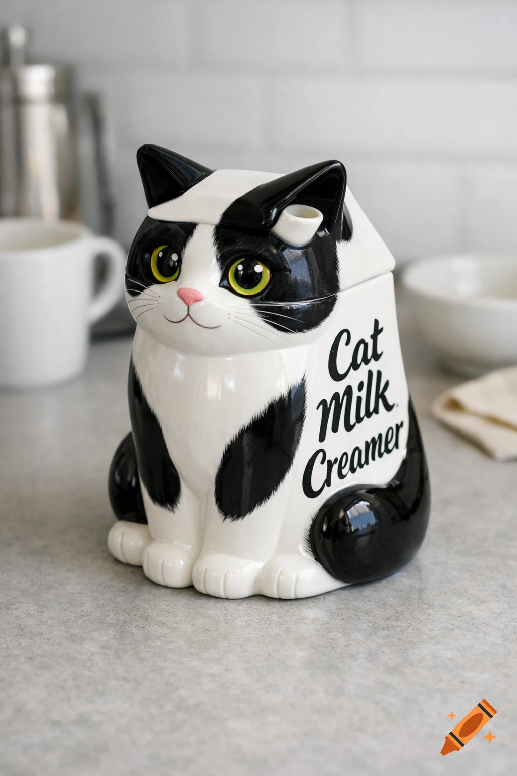 A black and white cat-shaped ceramic milk creamer with green eyes and a pink nose, labeled "Cat Milk Creamer," on a kitchen counter.
