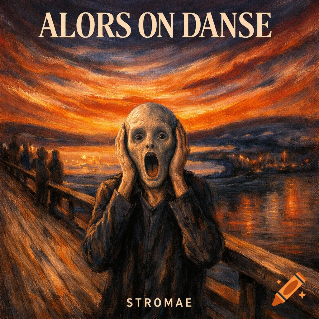 A stylized painting resembling Edvard Munch's 'The Scream', showing a screaming figure on a bridge against a vibrant orange and red sky, with text 'ALORS ON DANSE' and 'STROMAE'.