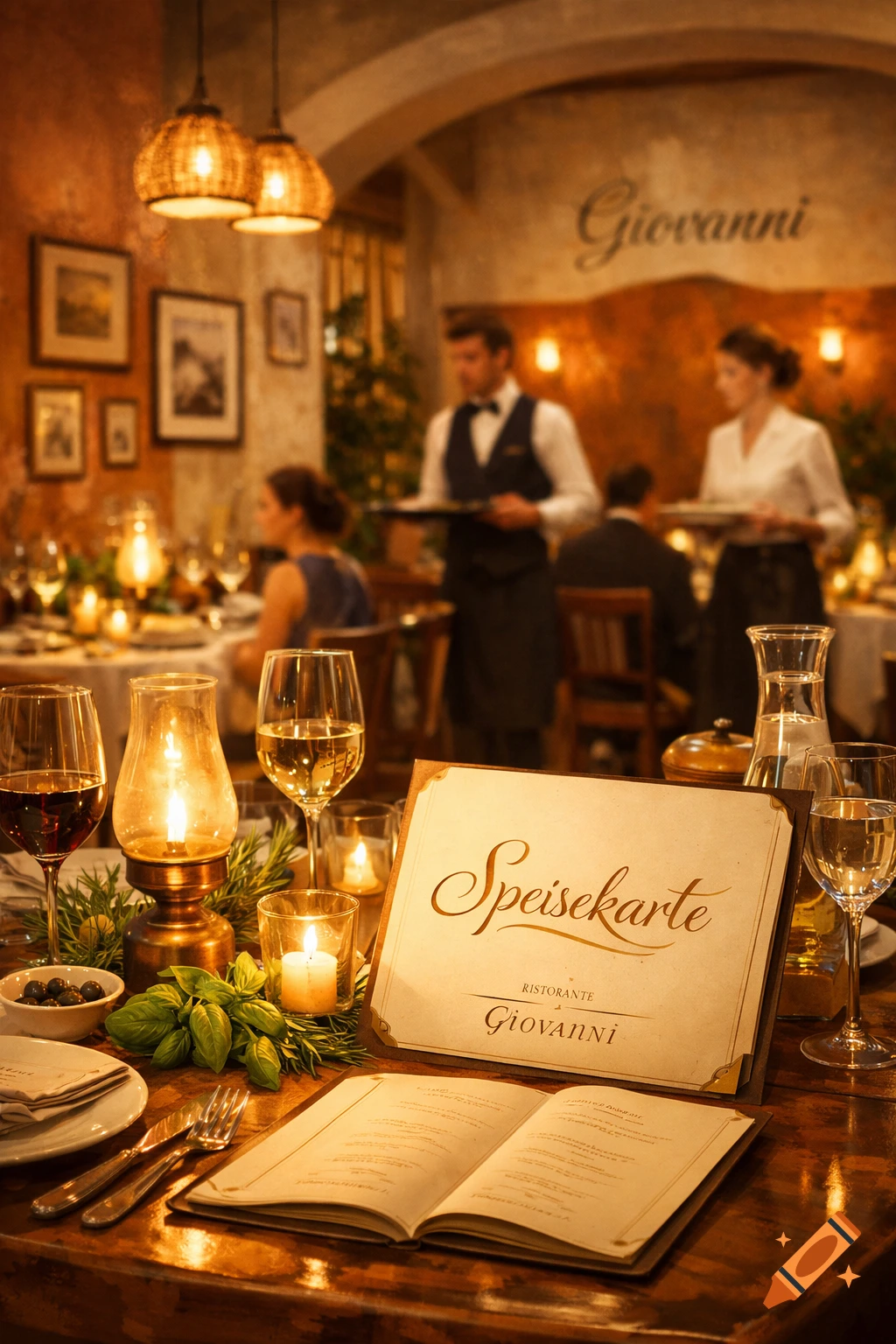 An elegant restaurant interior at night, with a close-up of a menu and table settings, and waiters serving in the background.