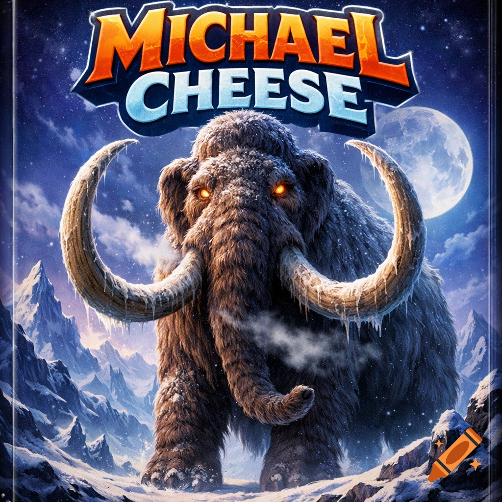 A formidable woolly mammoth with glowing orange eyes and icy tusks stands in a snowy mountain landscape under a starry night sky with a full moon, with 'MICHAEL CHEESE' text above.