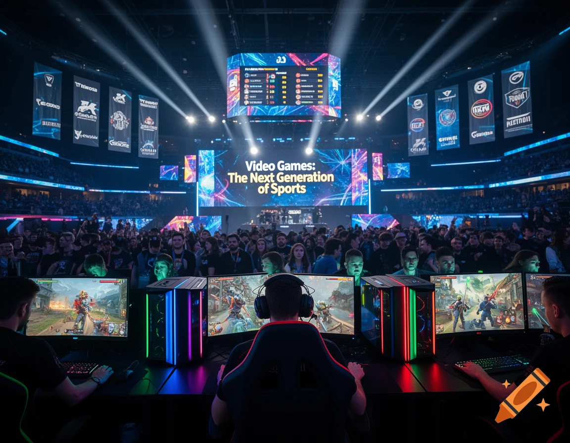 A wide shot of an esports arena filled with spectators, with a central screen displaying "Video Games: The Next Generation of Sports." Players with headphones are visible from behind, focused on their glowing computer screens.