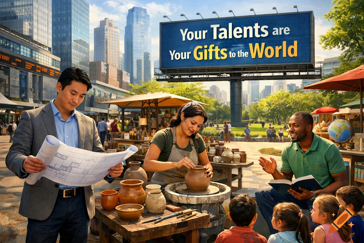 People in a city park with a billboard: 'Your Talents are Your Gifts to the World'. A man reads blueprints, a woman makes pottery, another reads to children.