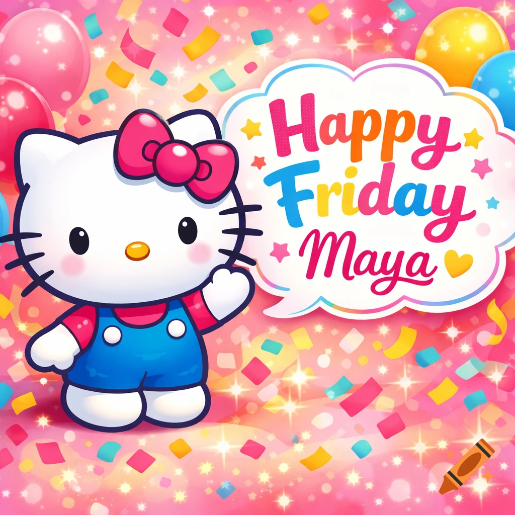 Hello Kitty waving in a vibrant cartoon illustration with balloons, confetti, and a speech bubble reading 'Happy Friday Maya'.