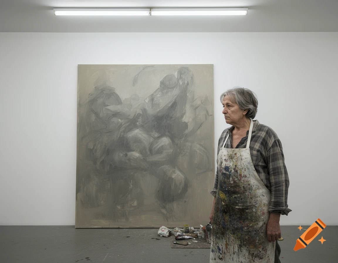 An elderly artist in a paint-splattered apron stands next to a large, drab abstract grey painting in a minimalist studio.