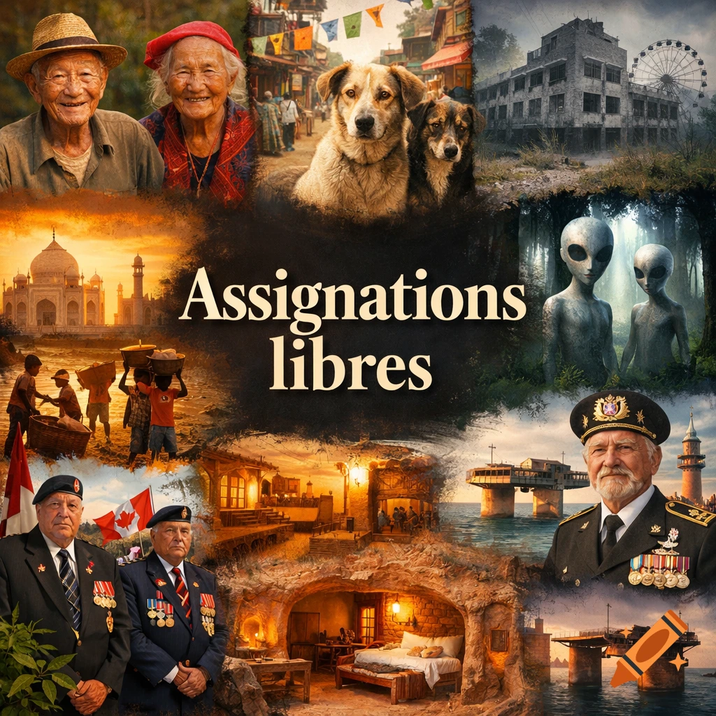 Photorealistic collage titled 'Assignations libres' featuring diverse global scenes: elderly people, dogs, Taj Mahal, workers, aliens, soldiers, and various landscapes.
