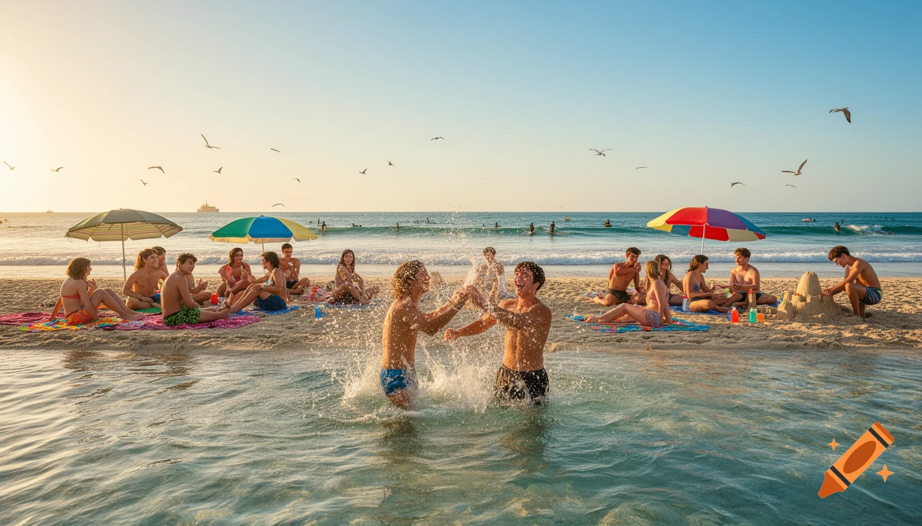 A large group of friends enjoy a sunny beach vacation, with some splashing in the ocean and others relaxing under umbrellas on the sand.
