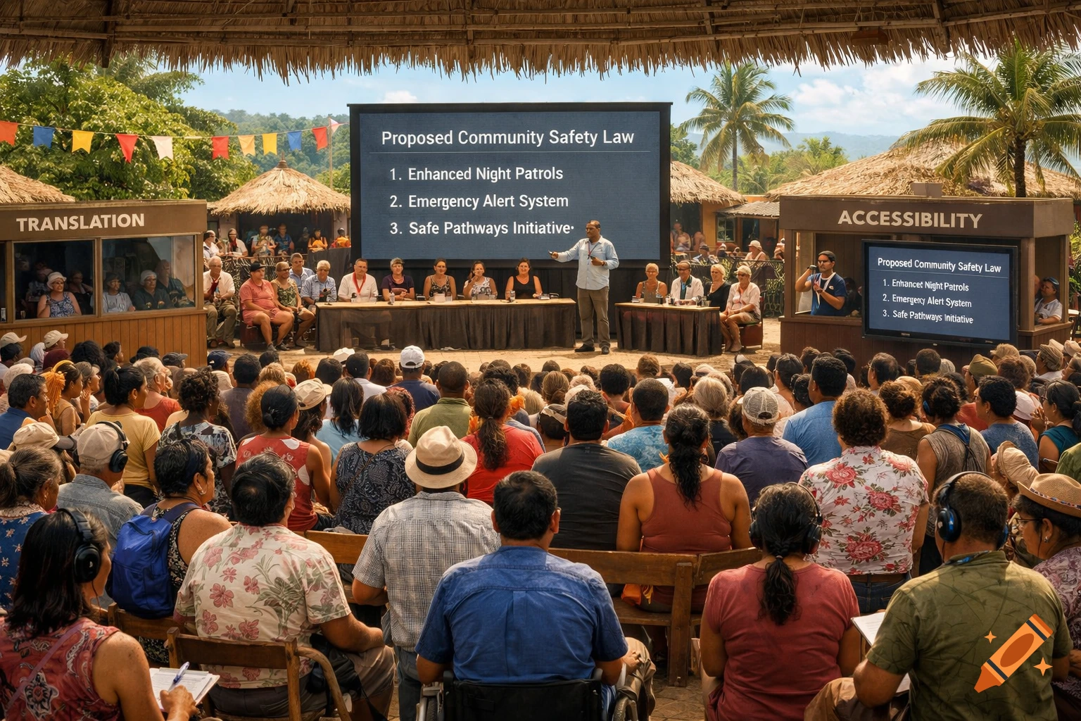 An outdoor community meeting where a man speaks at a podium in front of a large screen displaying 'Proposed Community Safety Law' to a seated crowd. Translation and accessibility booths are visible.