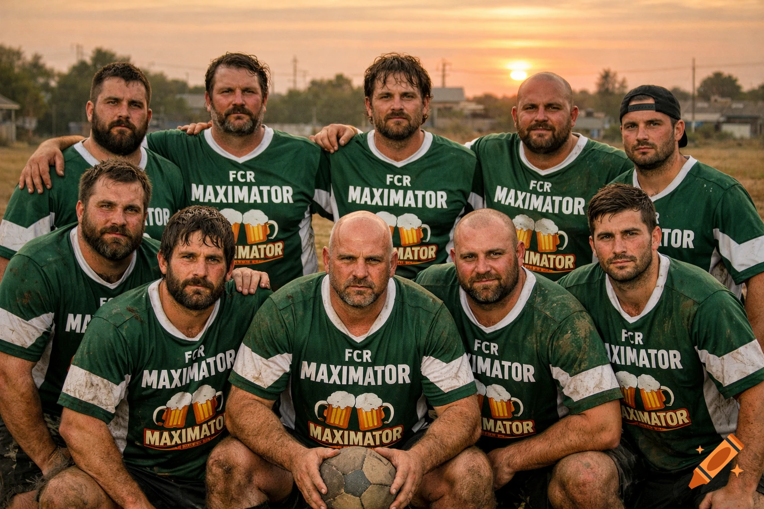 A group of bearded men in green and white jerseys pose with a soccer ball on a field at sunset.