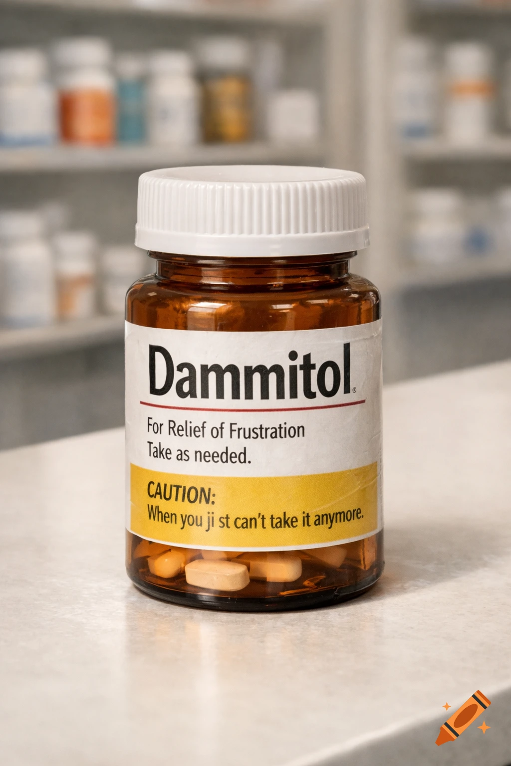 A photorealistic image of a brown pill bottle labeled 'Dammitol' for 'Relief of Frustration' on a counter, with blurred pharmacy shelves in the background.