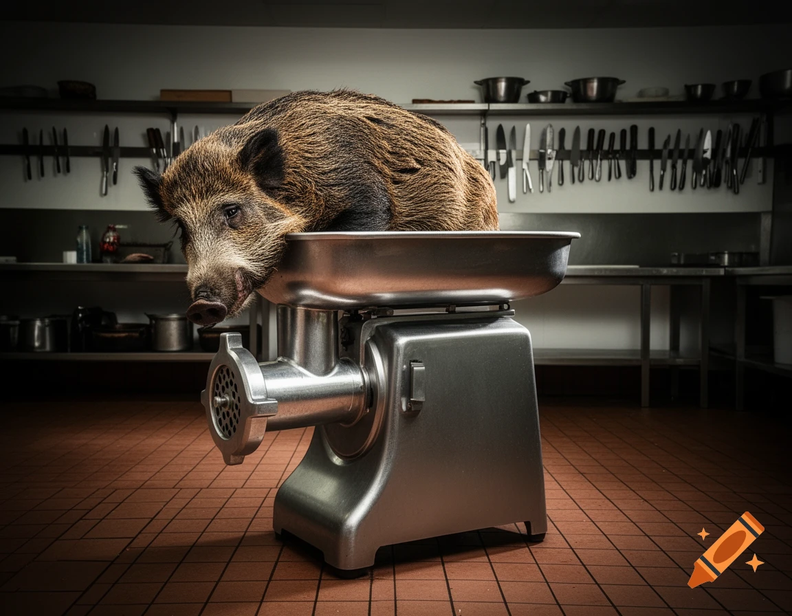 A wild boar rests in the basin of a shiny silver meat grinder in a commercial kitchen.
