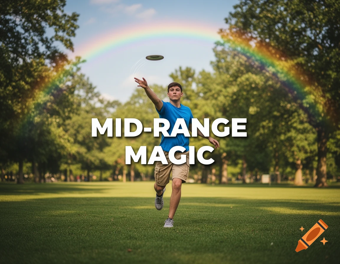 Young man throws a disc golf disc in a sunny park with a rainbow and "MID-RANGE MAGIC" text overlay.