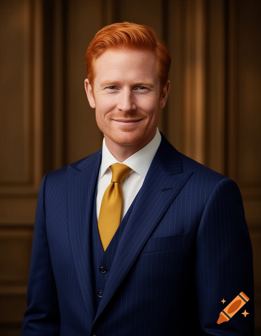 A smiling man with red hair in a navy blue pinstripe three-piece suit and gold tie looks at the camera.