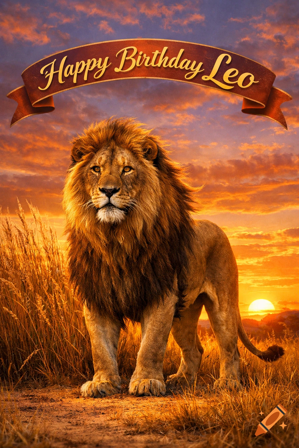 A photorealistic lion stands in a savanna at sunset, with a 'Happy Birthday Leo' banner.