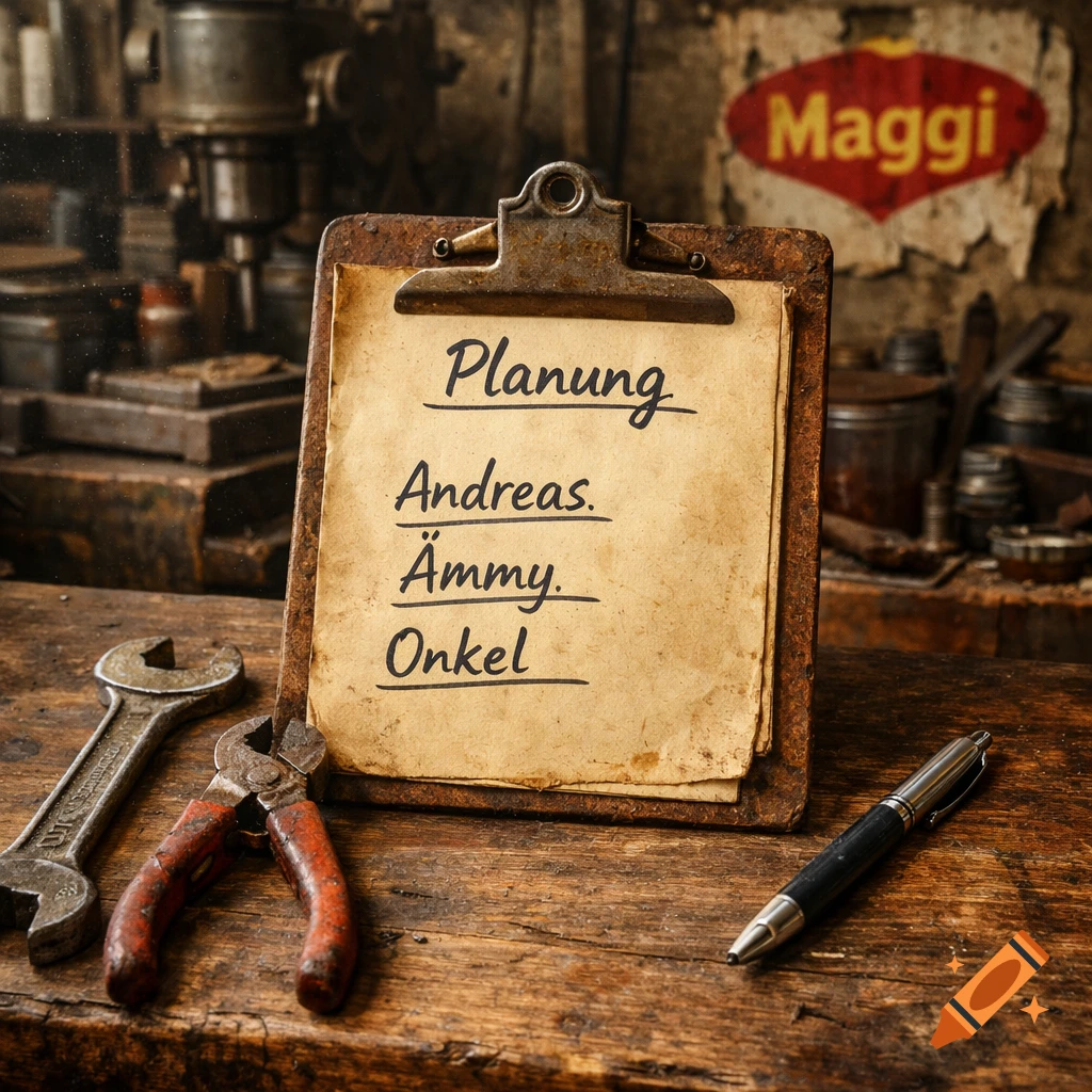 Rustic clipboard with a German to-do list on a workbench with tools, pen, and a blurry workshop background with a 'Maggi' sign.