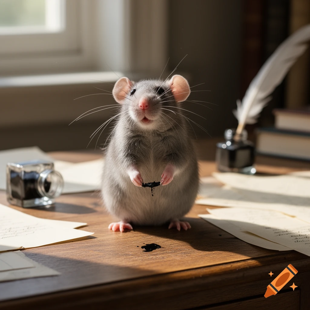 A photorealistic gray rat sits upright on a wooden desk, holding a quill with ink, surrounded by ink bottles and papers.