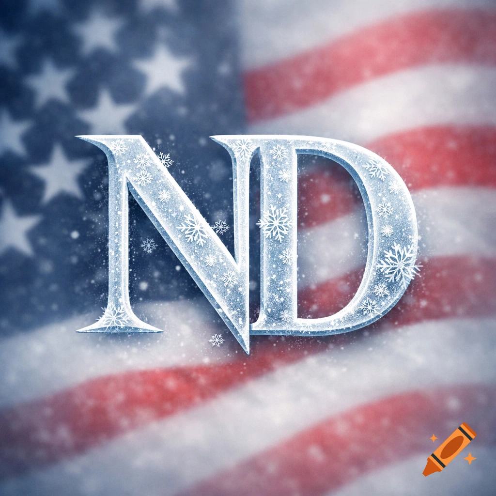 Icy letters ND with snowflakes over a blurred American flag background.