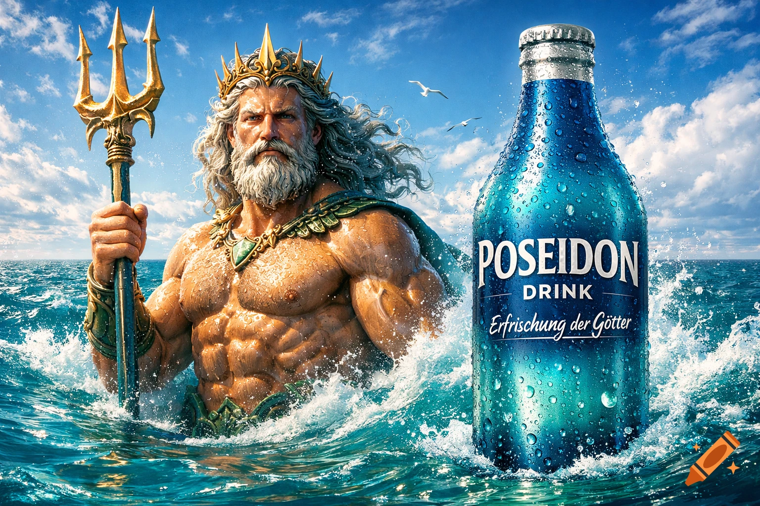 Photorealistic depiction of Poseidon with a golden trident emerging from stormy seas next to a condensation-covered blue drink bottle.