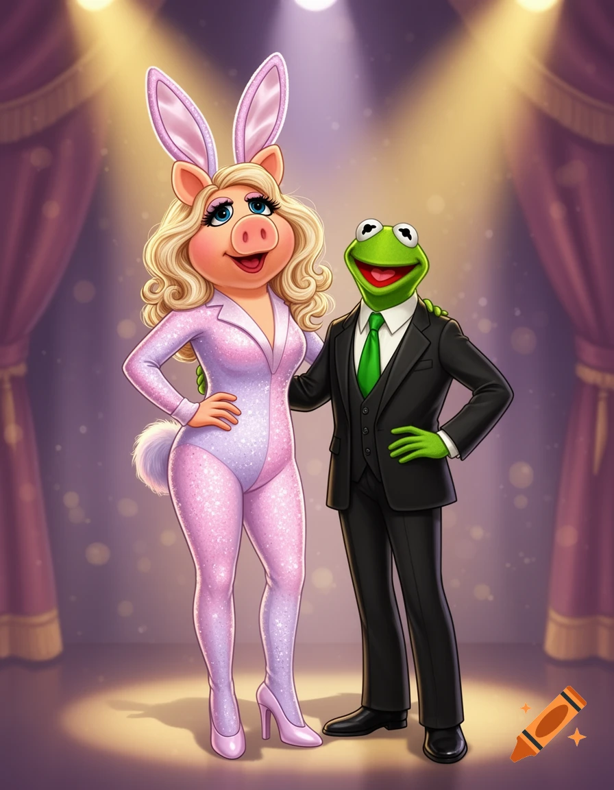 Miss Piggy in a sparkly pink bunny suit and Kermit the Frog in a black suit stand on a spotlighted stage.