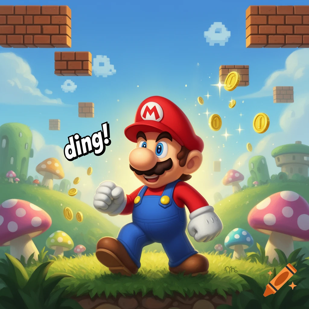 Mario walks through a vibrant, cartoon Super Mario landscape with coins and mushroom-shaped houses, with the word "ding!" floating nearby.