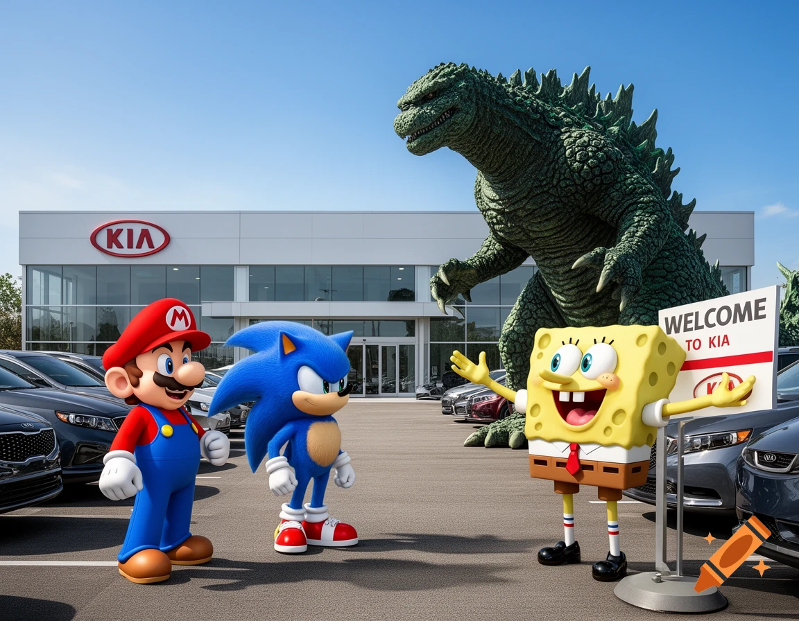 Mario, Sonic, SpongeBob, and Godzilla stand in front of a Kia car dealership with cars in the parking lot.