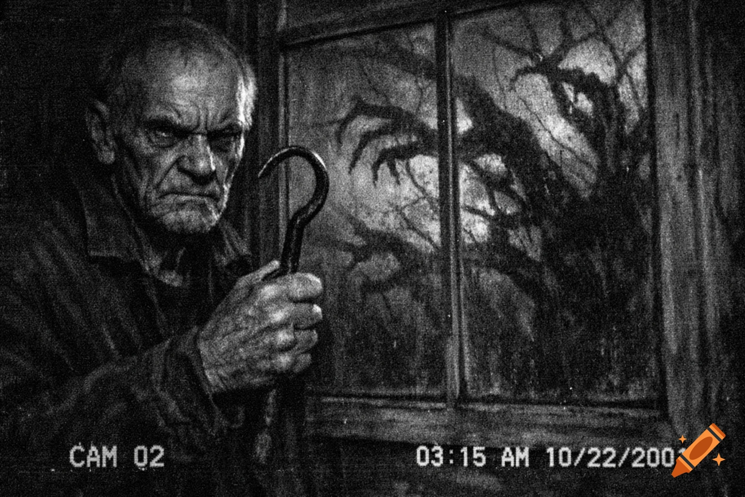 Grainy black and white image of an angry old man with a hook looking out a window at spooky tree branches resembling monster hands.
