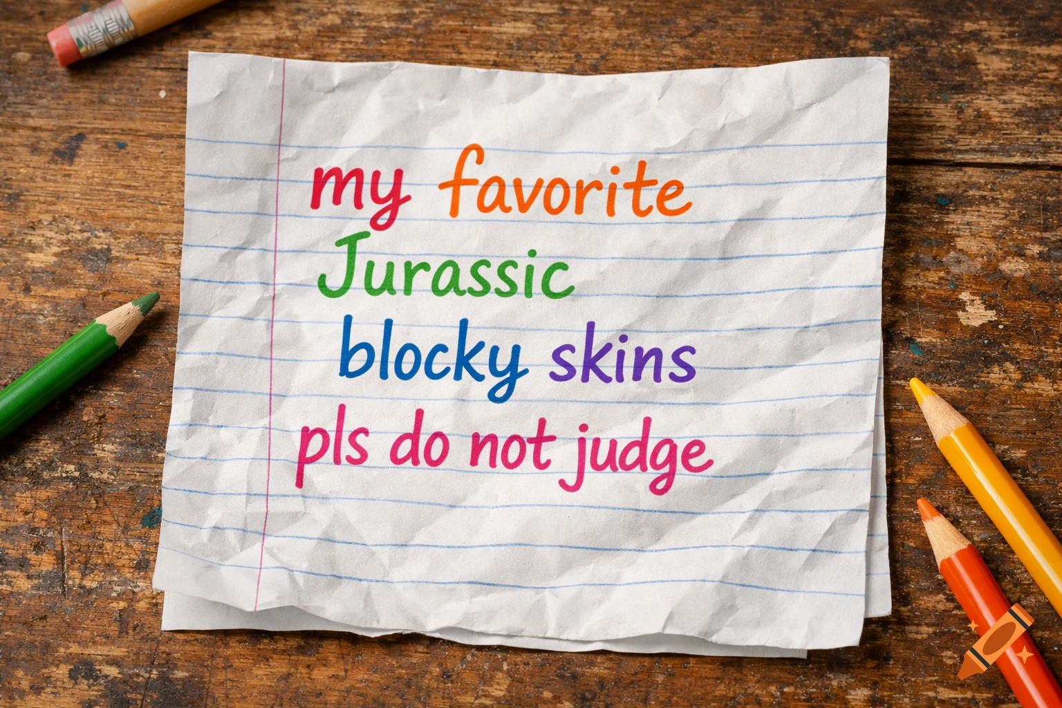 A crumpled piece of lined paper on a wooden table, surrounded by colored pencils. The paper reads 'my favorite Jurassic blocky skins pls do not judge' in colorful script.
