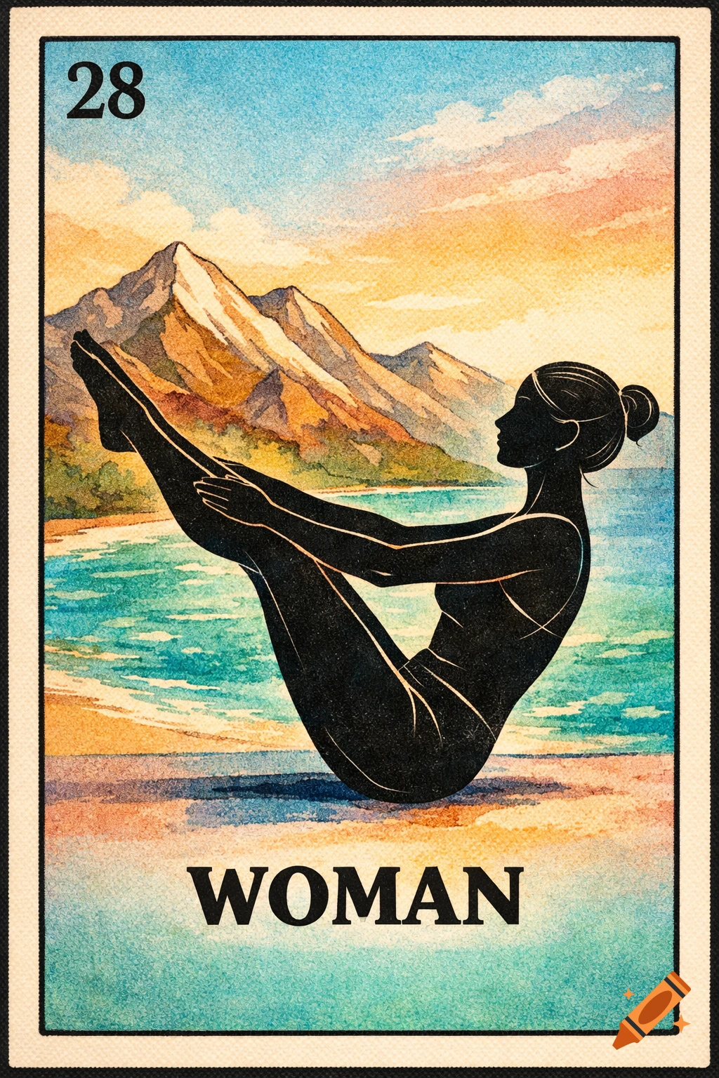 Watercolor Lotería card #28 showing a woman's silhouette in a yoga pose on a beach with mountains and ocean.