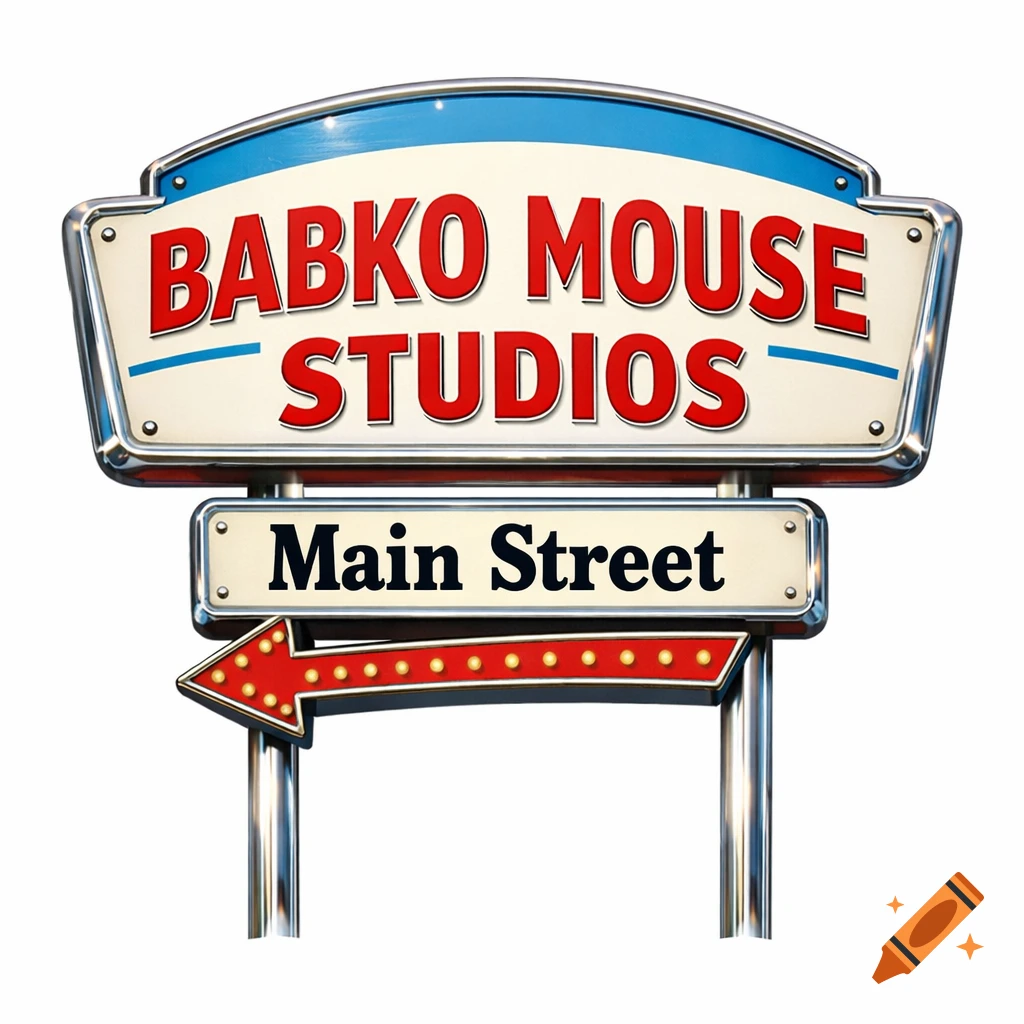 A retro-style metallic sign with 'BABKO MOUSE STUDIOS' at the top and 'Main Street' with a red arrow pointing left at the bottom.