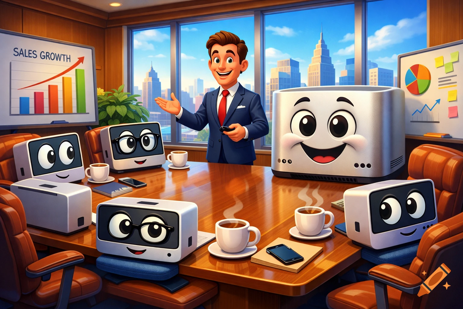 A confident man presents in a Pixar cartoon boardroom to smiling Mac ...