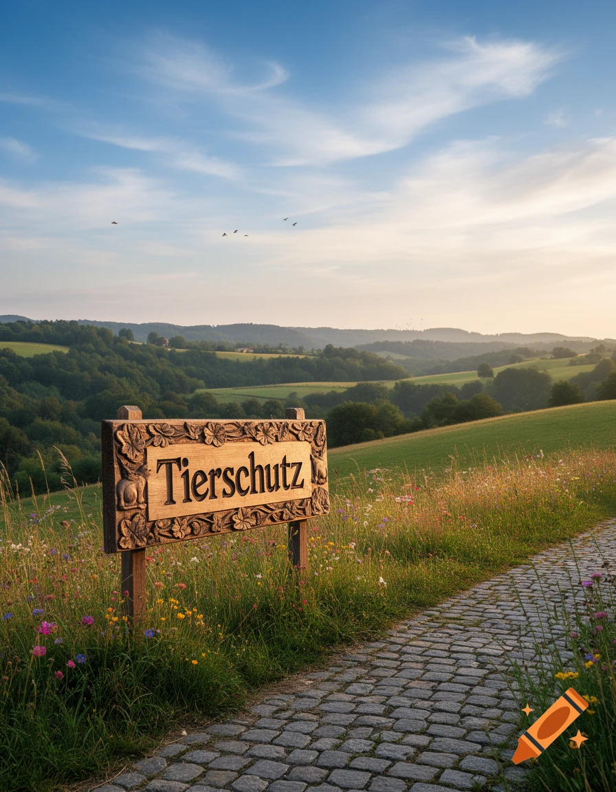 A wooden sign carved with "Tierschutz" stands beside a cobblestone path in a wildflower meadow, with rolling green hills in the background under a blue sky.