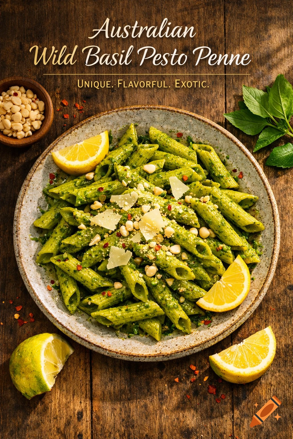 Photorealistic close-up of Australian Wild Basil Pesto Penne pasta on a plate, garnished with pine nuts, parmesan, lemon, and basil.