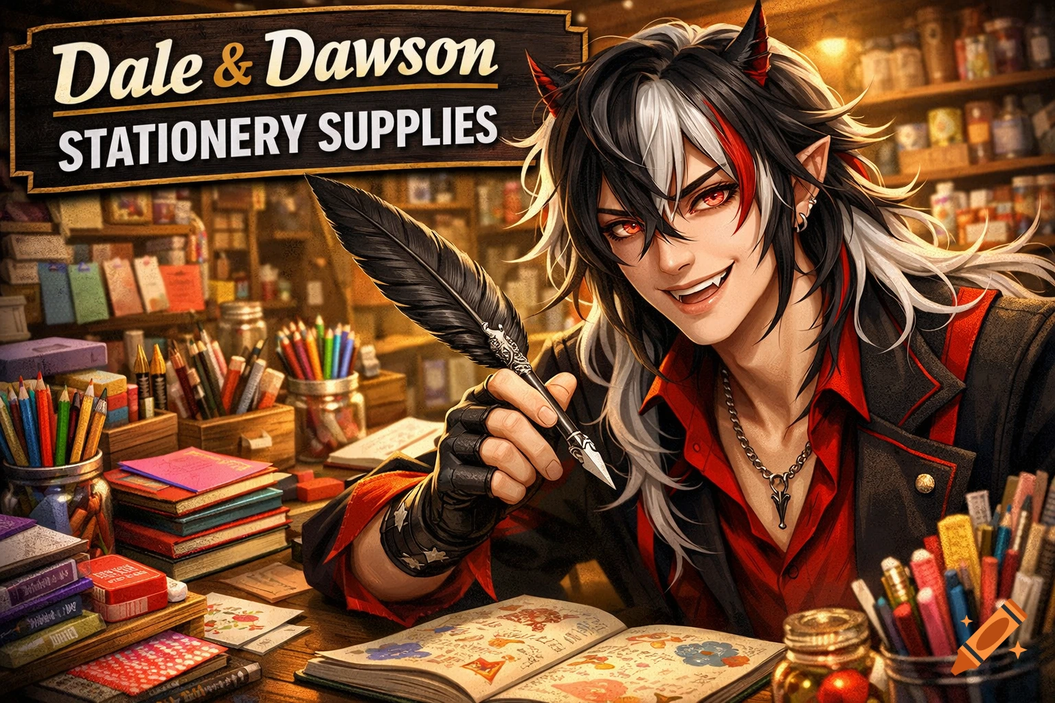 Anime-style character with horns and fangs holding a quill, smiling at a desk in a stationery store with a 'Dale & Dawson Stationery Supplies' sign.