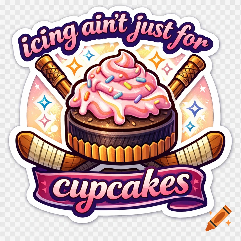Cartoon sticker with a cupcake hockey puck, crossed hockey sticks, and text 'icing ain't just for cupcakes'.
