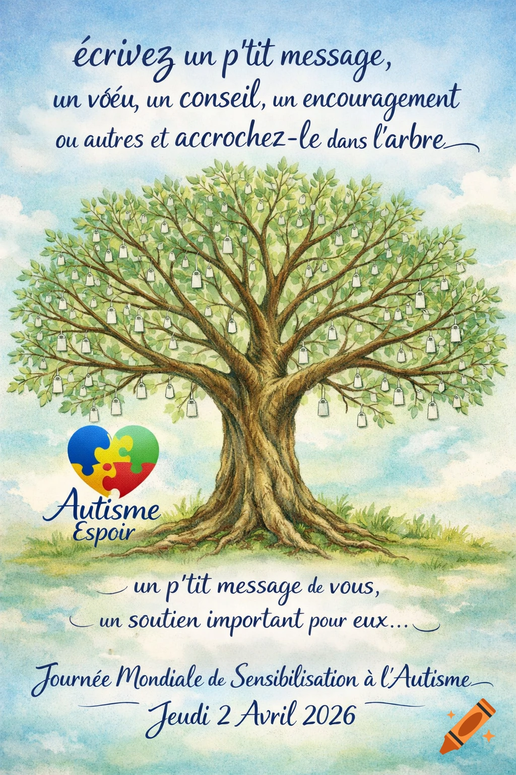 Watercolor illustration of a wish tree with blank tags and an autism awareness heart logo. French text encourages leaving messages of support for World Autism Awareness Day on April 2, 2026.