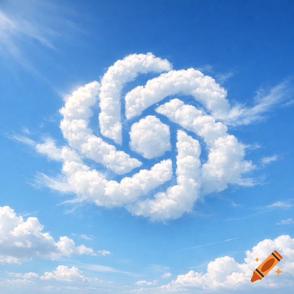 The OpenAI logo formed by fluffy white clouds in a bright blue sky with a sunbeam.